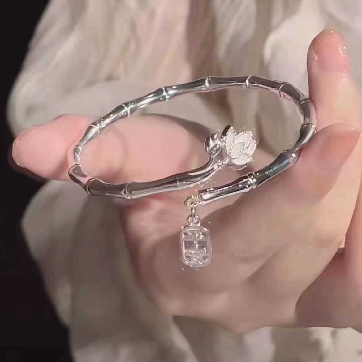 Adjustable Lotus Link Silver-Tone Cuff Bracelet