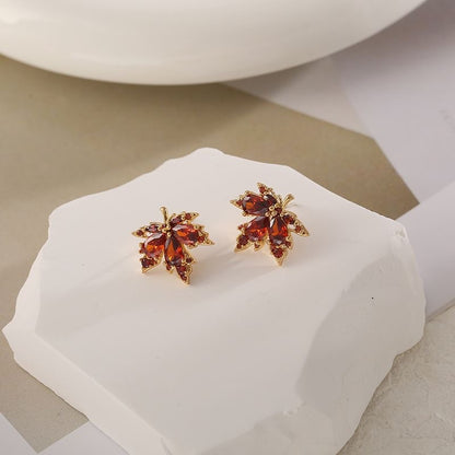Red crystal maple leaf drop earrings for women