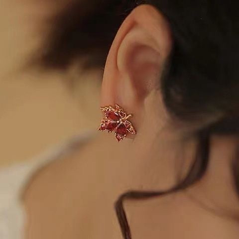 Red crystal maple leaf drop earrings for women