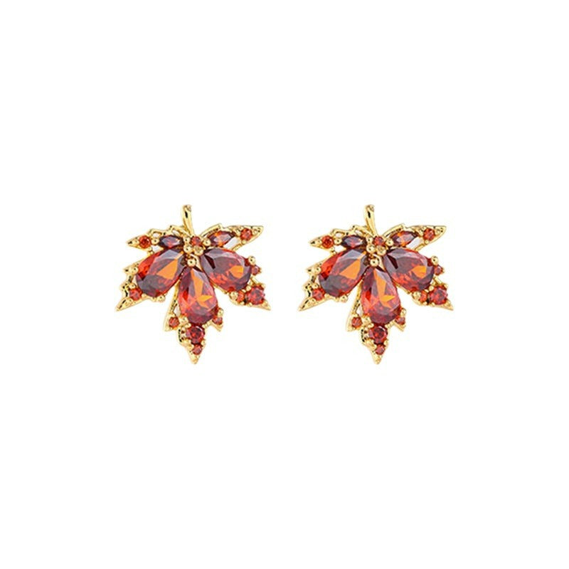 Red crystal maple leaf drop earrings for women