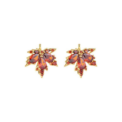 Red crystal maple leaf drop earrings for women