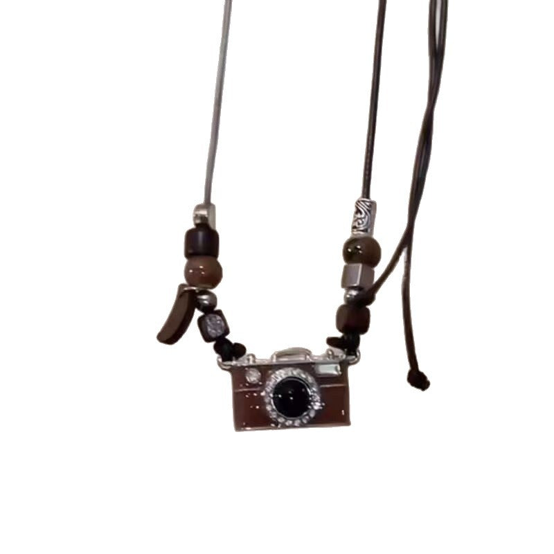Brown retro camera pendant long necklace