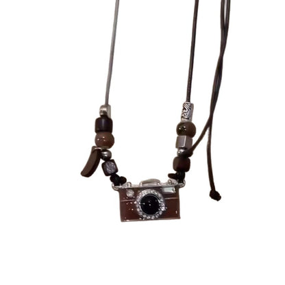 Brown retro camera pendant long necklace