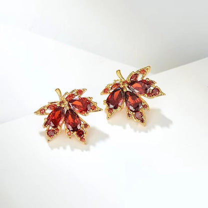 Red crystal maple leaf drop earrings for women