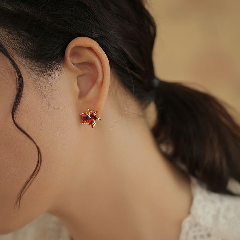 Red crystal maple leaf drop earrings for women