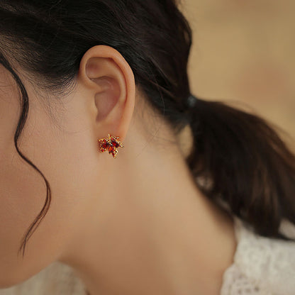 Red crystal maple leaf drop earrings for women