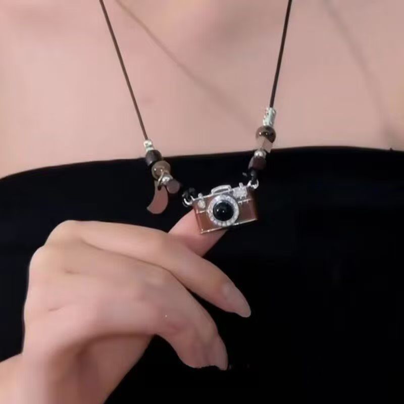 Brown retro camera pendant long necklace