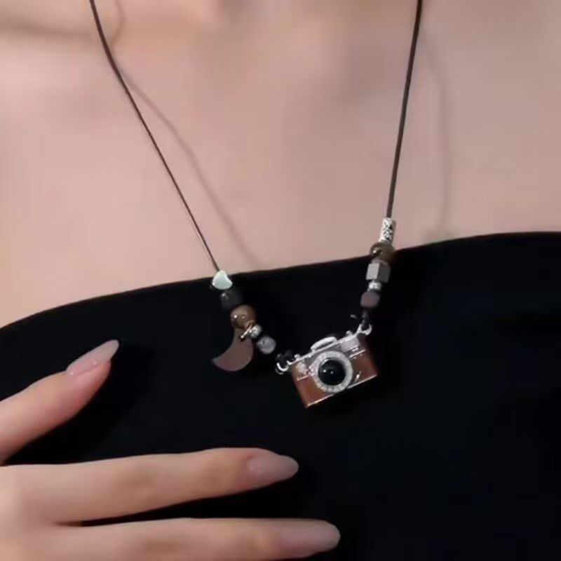 Brown retro camera pendant long necklace