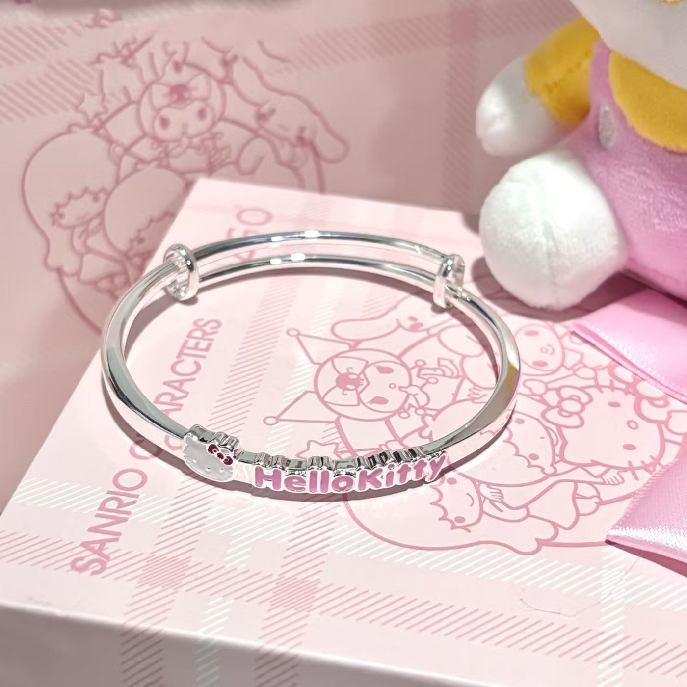 Adjustable Silver-Tone Cat and Music Charm Slider Bracelet