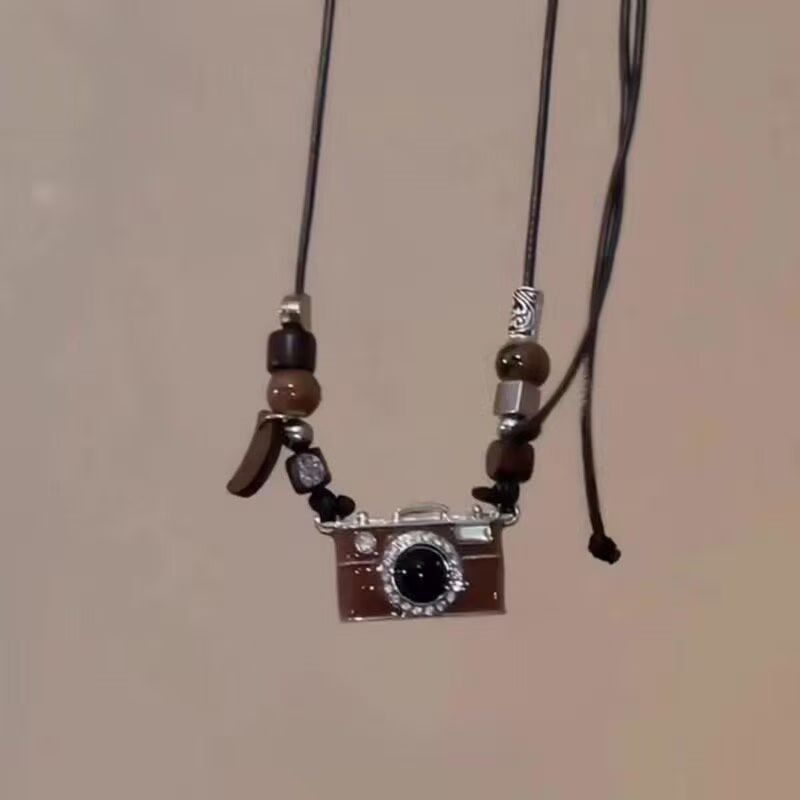 Brown retro camera pendant long necklace