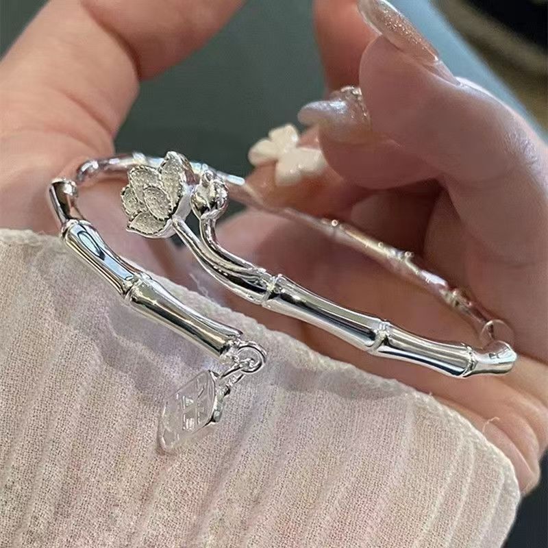 Adjustable Lotus Link Silver-Tone Cuff Bracelet