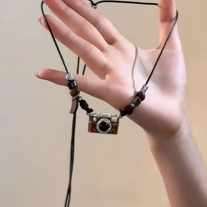 Brown retro camera pendant long necklace