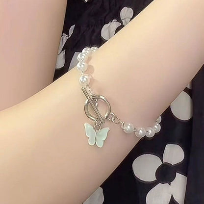 Butterfly Charm Faux Pearl Bracelet