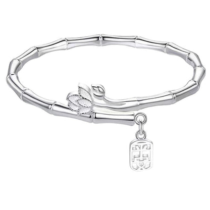 Adjustable Lotus Link Silver-Tone Cuff Bracelet