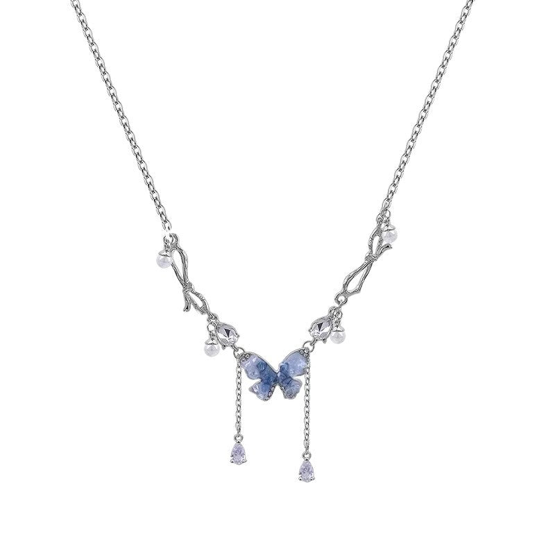 Blue crystal butterfly faux pearl tassel necklace