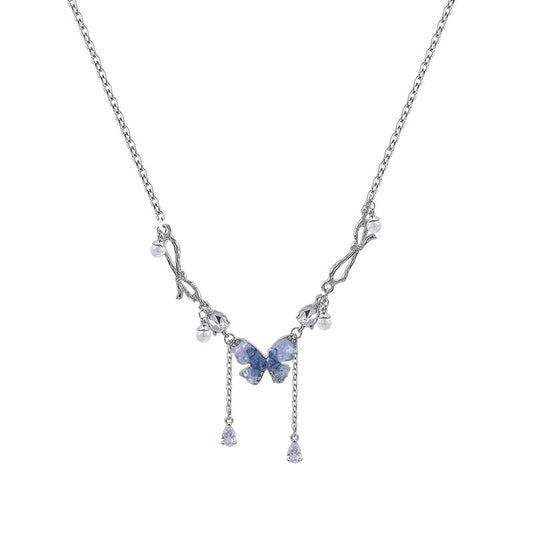 Blue crystal butterfly faux pearl tassel necklace