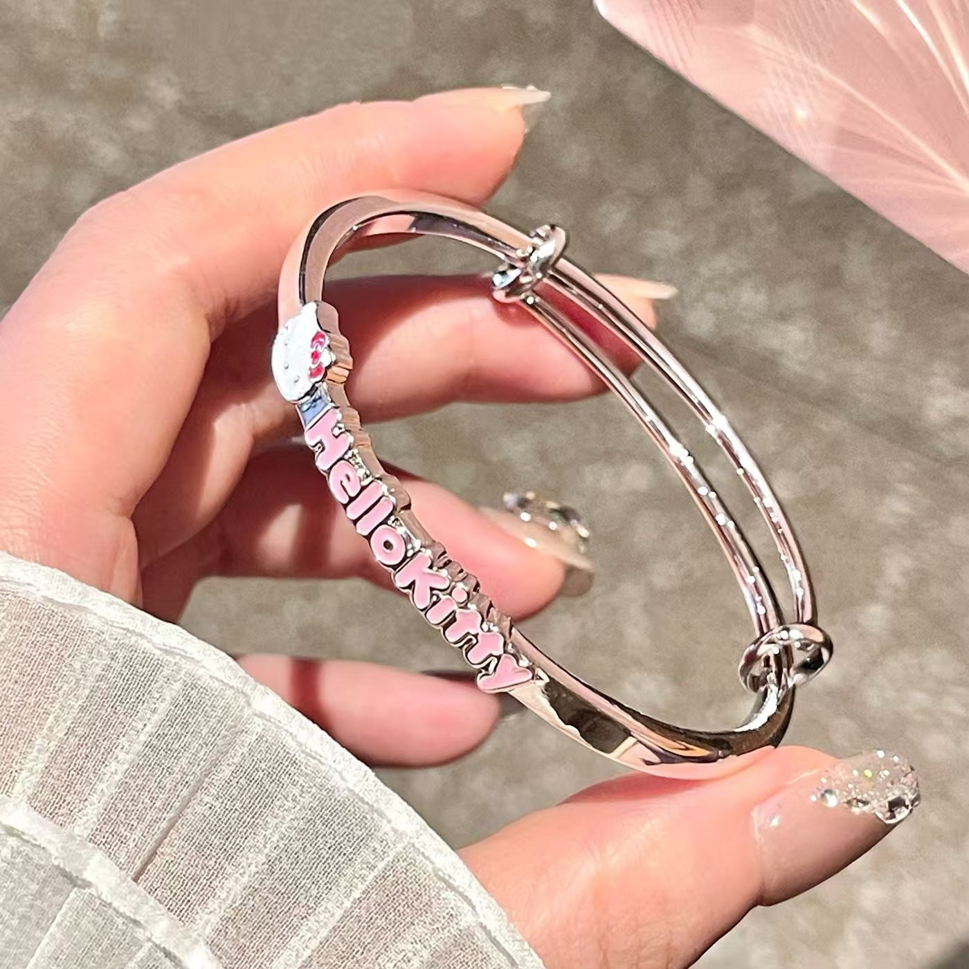 Adjustable Silver-Tone Cat and Music Charm Slider Bracelet